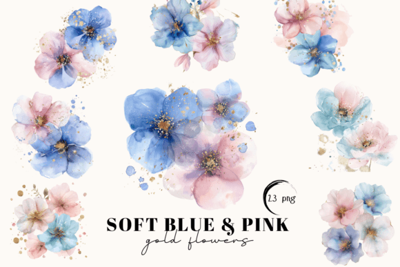 Abstract Blue & Pink Gold Flowers: Design Assets