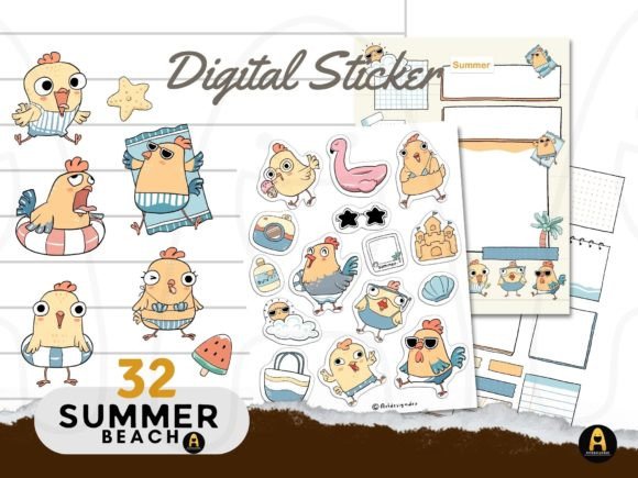 Chicken and Summer Beach Digital Sticker: Design & Application