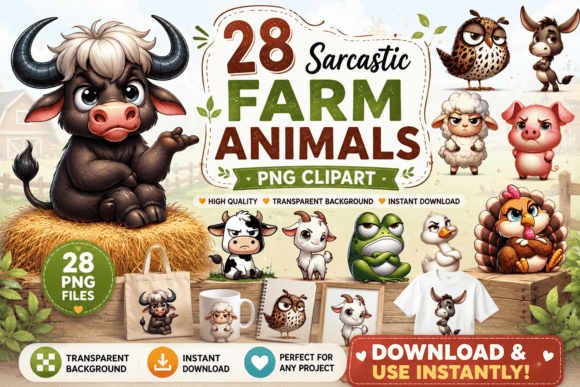 Sarcastic Farm Animals: 28 Clipart Designs for Bold Branding