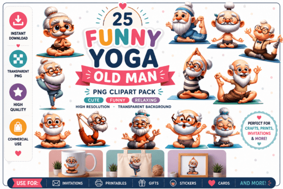 Whimsical Yoga Old Man Clipart: Quirky Design Assets